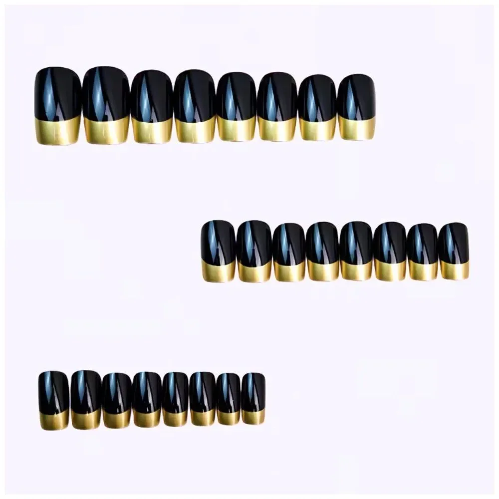 NWT 24pc Black Gold Metallic French Tip Press On Nails Medium Squoval Short